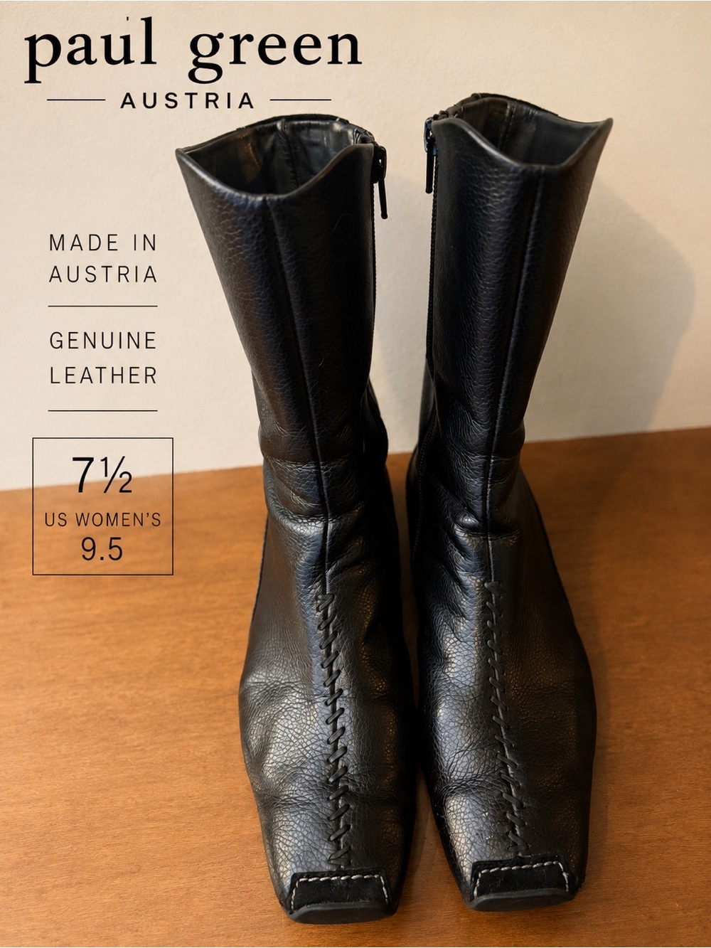 Paul Green Austria Black Leather Square Toe Mid-Calf Boots Women’s US 9.5
